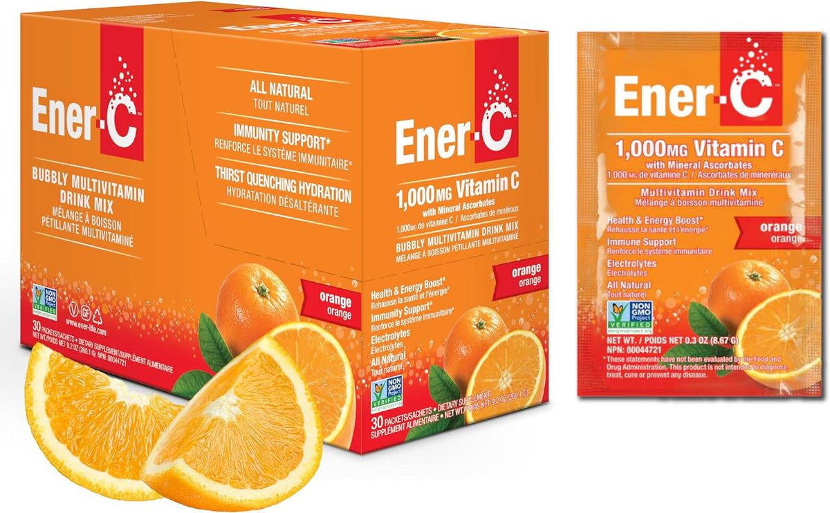 Ener-C Orange Multivitamin Drink Mix Powder Vitamin C 1000mg &amp; Electrolytes with Real Fruit Juice Natural Energy &amp; Immune Support for Women &amp; Men - Non-GMO Vegan &amp; Gluten Free - 30 Count