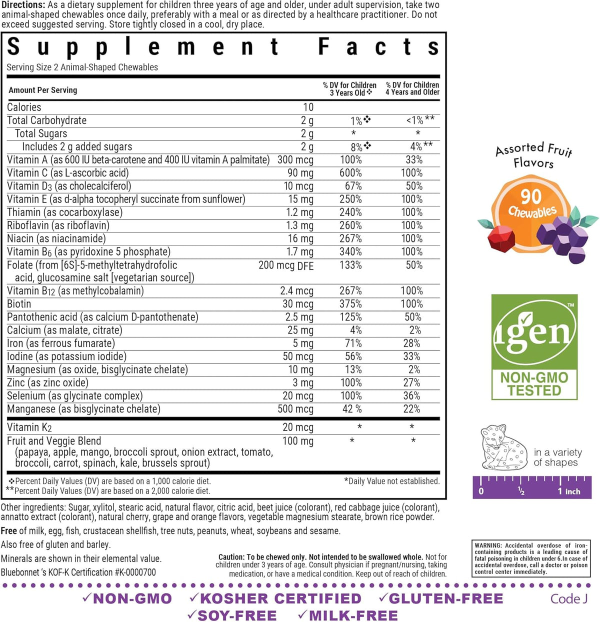 Bluebonnet Nutrition Rainforest Animalz Whole Food Based Multiple Chewable Tablets, Kids Multivitamin &amp; Mineral, Vitamin C, D3, Iron, Gluten Free, Milk Free, Kosher, 90 Chewable Tablets, Mixed Flavors