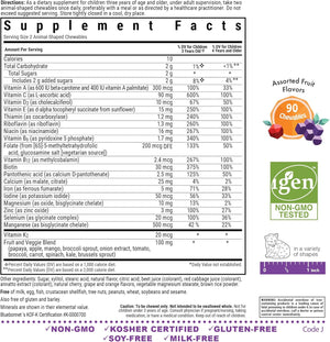 Bluebonnet Nutrition Rainforest Animalz Whole Food Based Multiple Chewable Tablets, Kids Multivitamin & Mineral, Vitamin C, D3, Iron, Gluten Free, Milk Free, Kosher, 90 Chewable Tablets, Mixed Flavors