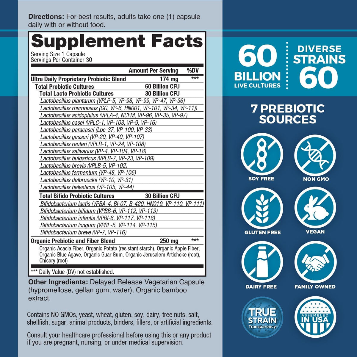 Vital Planet - Vital Flora Ultra Daily Probiotic Supplement with 60 Billion Cultures and 60 Strains, High Potency and Strain Diversity Probiotics for Women and Men with Organic Prebiotics, 30 Capsules