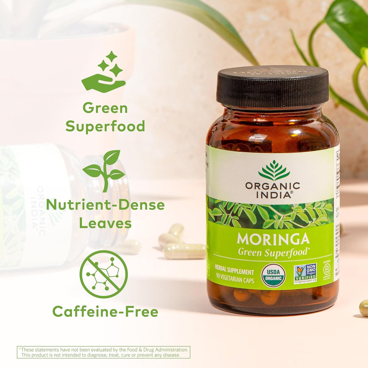 ORGANIC INDIA Moringa Capsules Organic - Moringa Supplement - Green Superfood, Moringa Leaf Capsules, Pure Supergreen, Vegan Greens, Nature&#39;s Multivitamin, Vegan, Gluten-Free - 90 Capsules