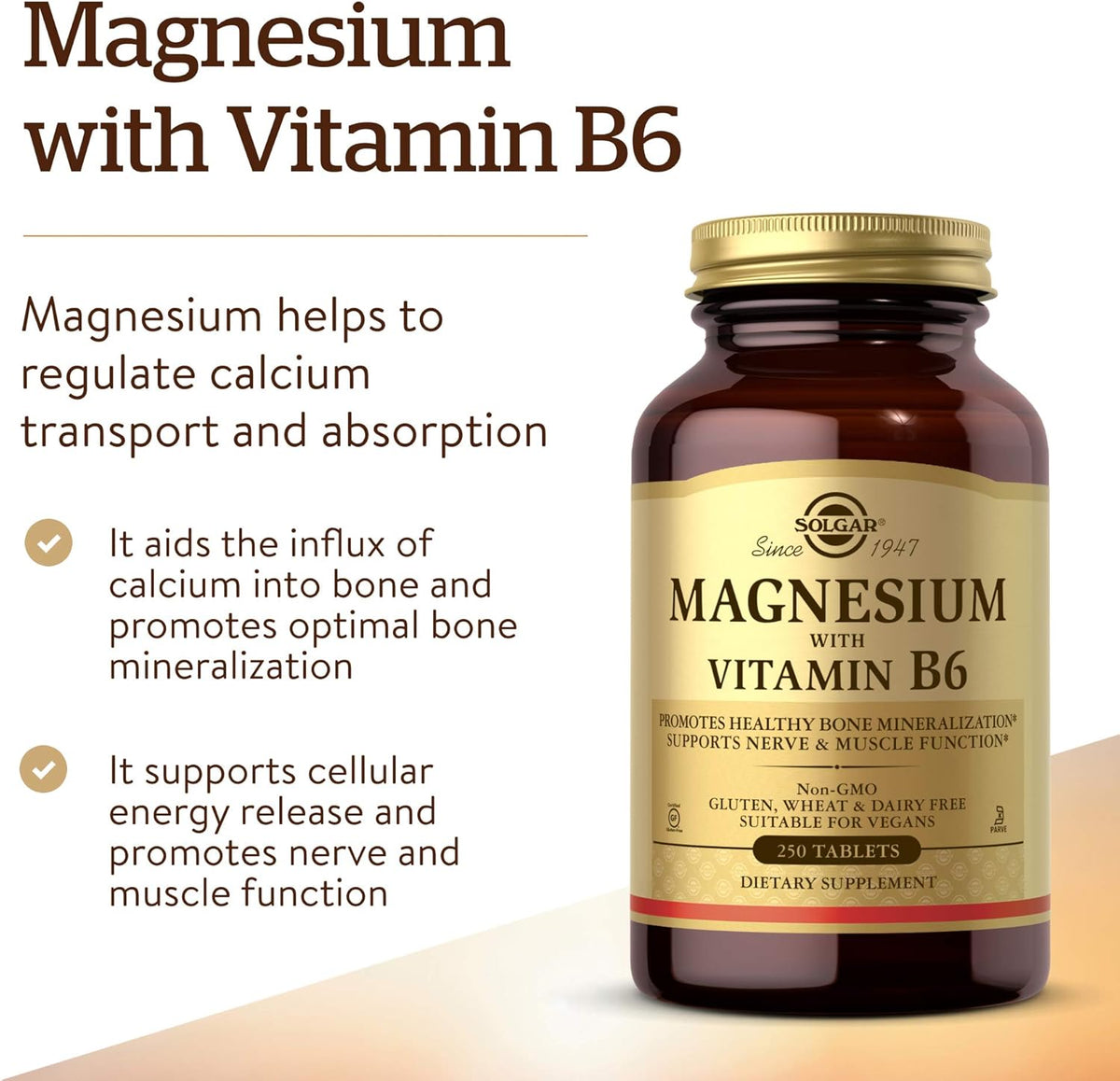 Solgar Magnesium with Vitamin B6, 250 Tablets - Promote Healthy Bone Mineralization, Support Nerve &amp; Muscle Function, Energy Metabolism - Non-GMO, Vegan, Gluten Free, Dairy Free, Kosher - 83 Servings