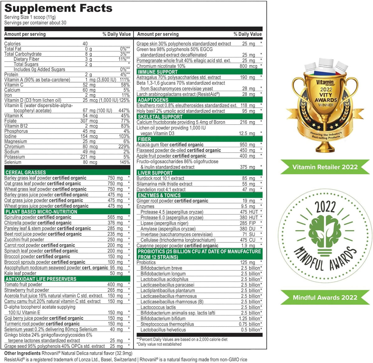 Vibrant Health, Green Vibrance, Includes 65 Plant-Based Superfoods, 25 Billion Probiotics, Fiber, Adaptogens &amp; Enzymes, 30 Servings