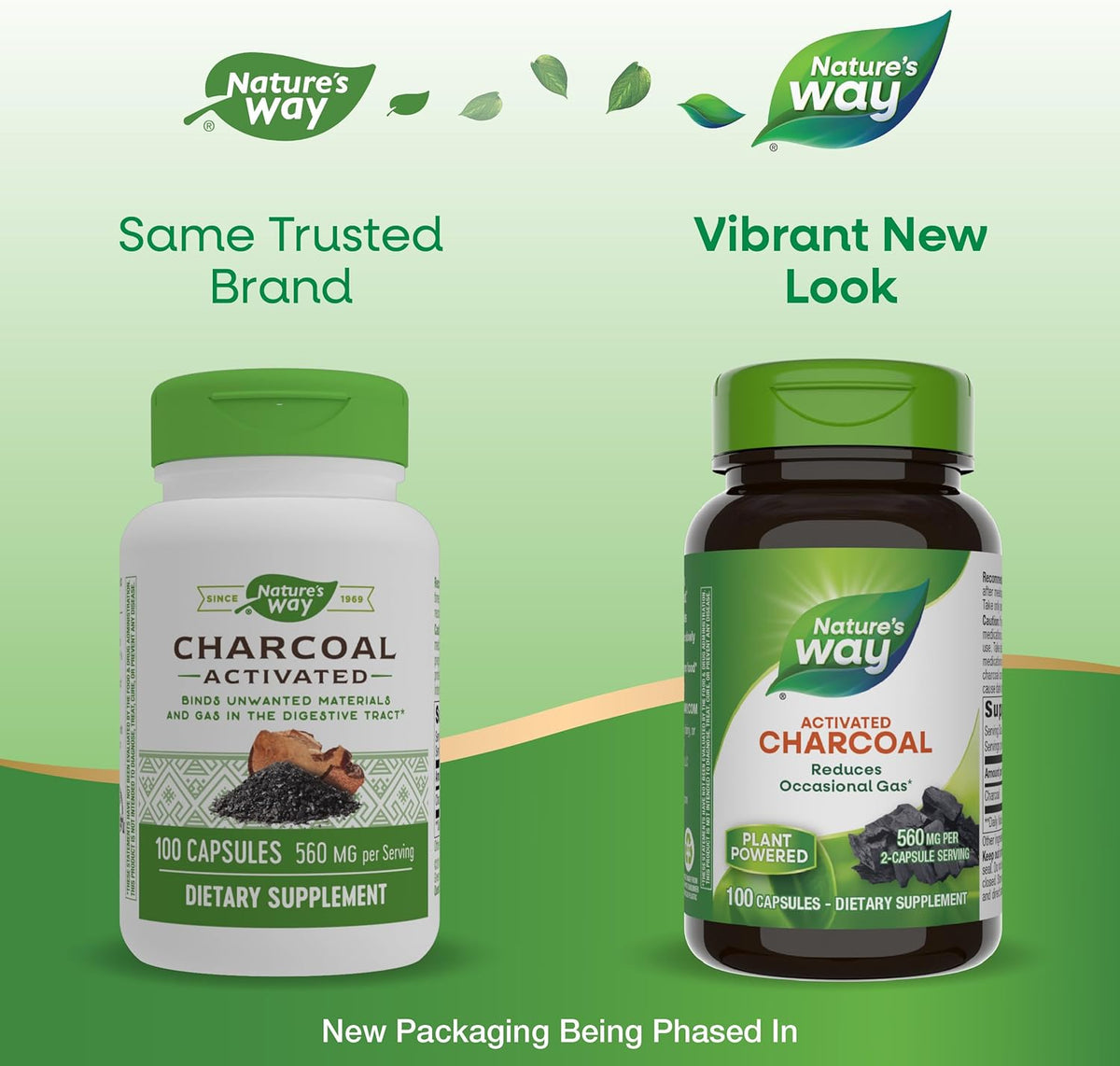 Nature&#39;s Way Activated Charcoal, Binds Unwanted Materials and Gas in the Digestive Tract*, 560 mg per 2-Capsule Serving, 100 Capsules