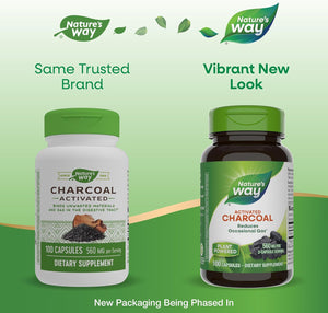 Nature's Way Activated Charcoal, Binds Unwanted Materials and Gas in the Digestive Tract*, 560 mg per 2-Capsule Serving, 100 Capsules
