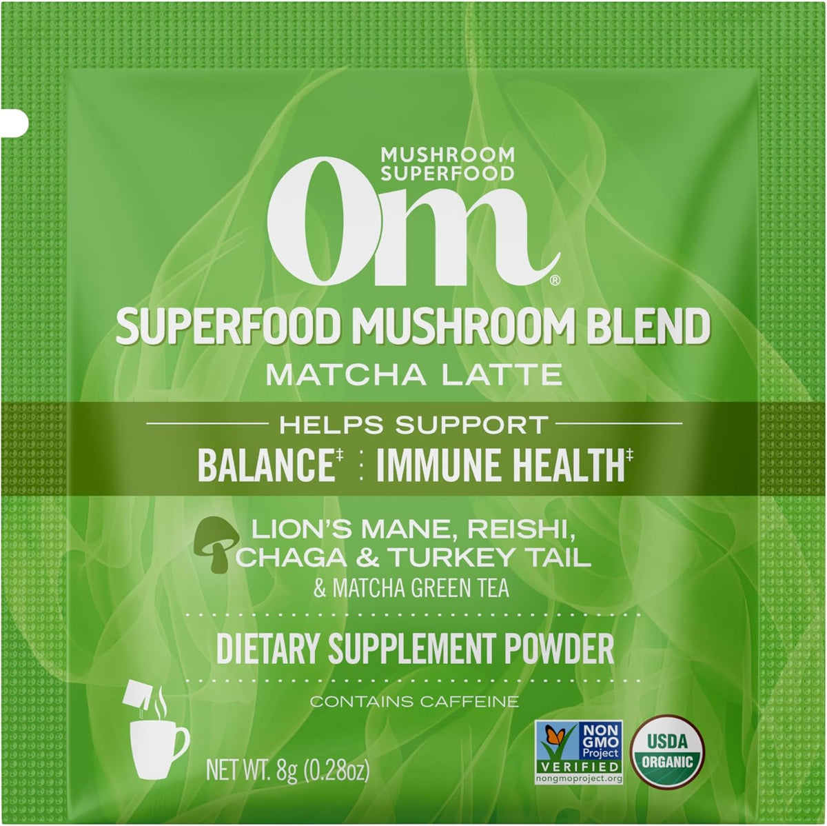 OM MUSHROOM SUPERFOOD Matcha Latte Blend Mushroom Powder, Single Serve, 10 Count, Green Tea, Lion&#39;s Mane, Reishi, Chaga, Turkey Tail, Focus &amp; Stress Support Supplement
