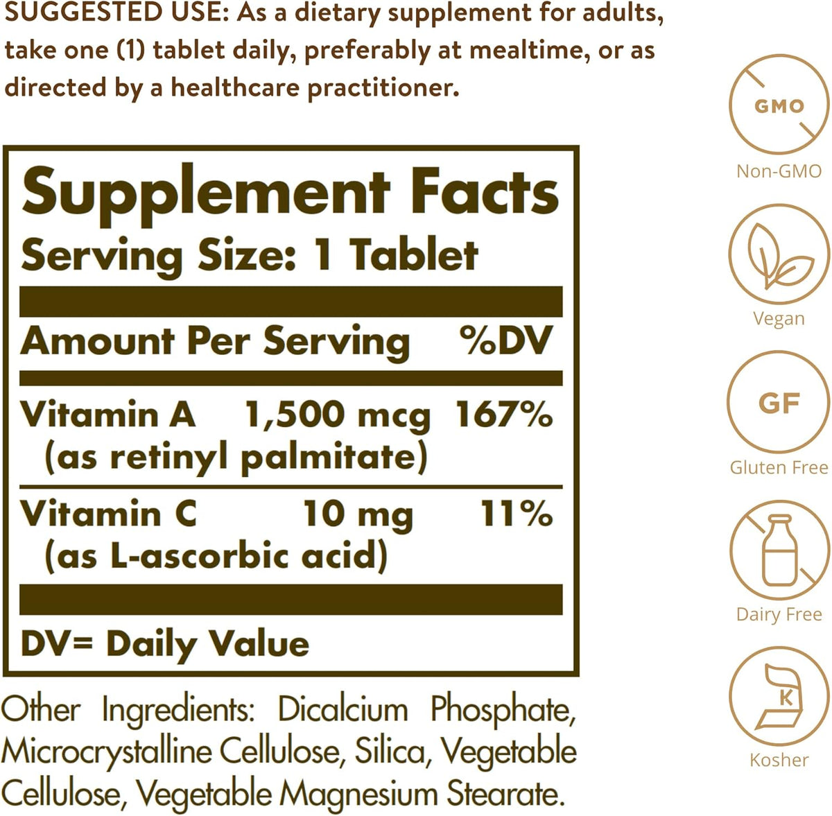 Solgar Dry Vitamin A 1500 mcg (5000 IU), 100 Tablets - Supports Healthy Eyes, Skin &amp; Immune System - Non-GMO, Vegan, Gluten Free, Dairy Free, Kosher - 100 Servings