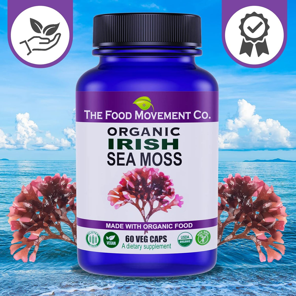Irish Sea Moss, Organic Prebiotic Food, Over 70 Trace Minerals, Supports Healthy Elimination, Digestion and Immune Support (60)