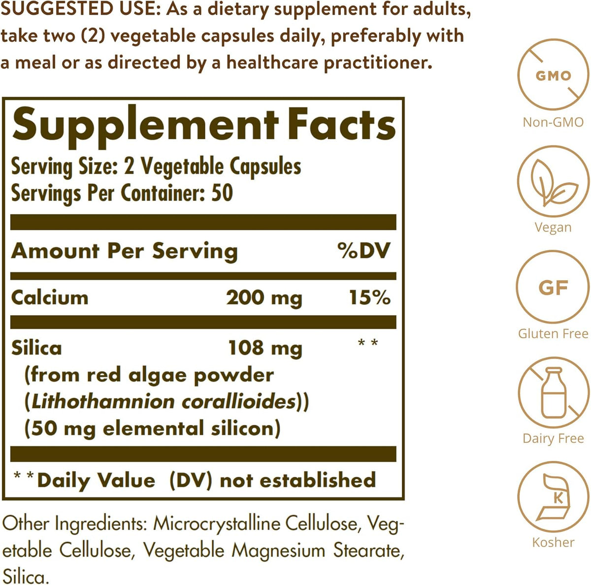 Solgar Oceanic Silica from Red Algae 25 mg, 100 Vegetable Capsules - Excellent Source of Calcium, Supports Bone Health - Non-GMO, Vegan, Gluten Free, Dairy Free, Kosher - 50 Servings
