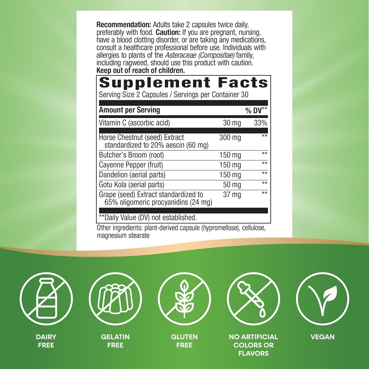 Nature&#39;s Way Leg Veins, Supports Healthy Leg Vein Strength*, 6-Herb Blend, With Horse Chestnut Extract, Dandelion, Gluten Free, 60 Vegan Capsules