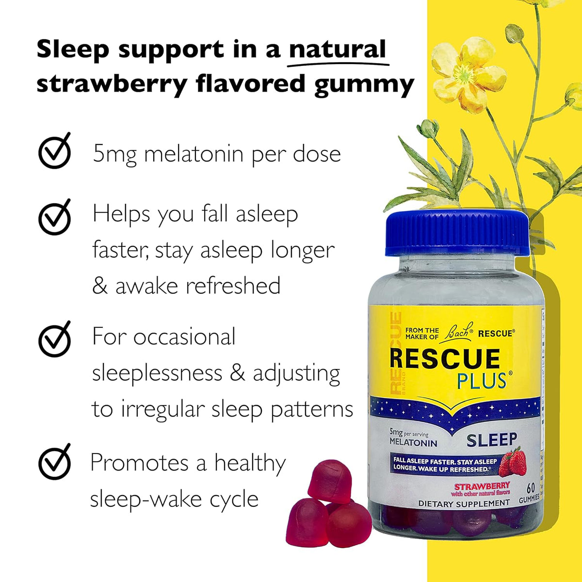 Bach RESCUE PLUS Melatonin Sleep Gummies, Natural Strawberry Flavor, Sleep Aid, Dietary Supplement, Vegan, Gluten-Free, No Artificial Flavors, Colors, 60 Count