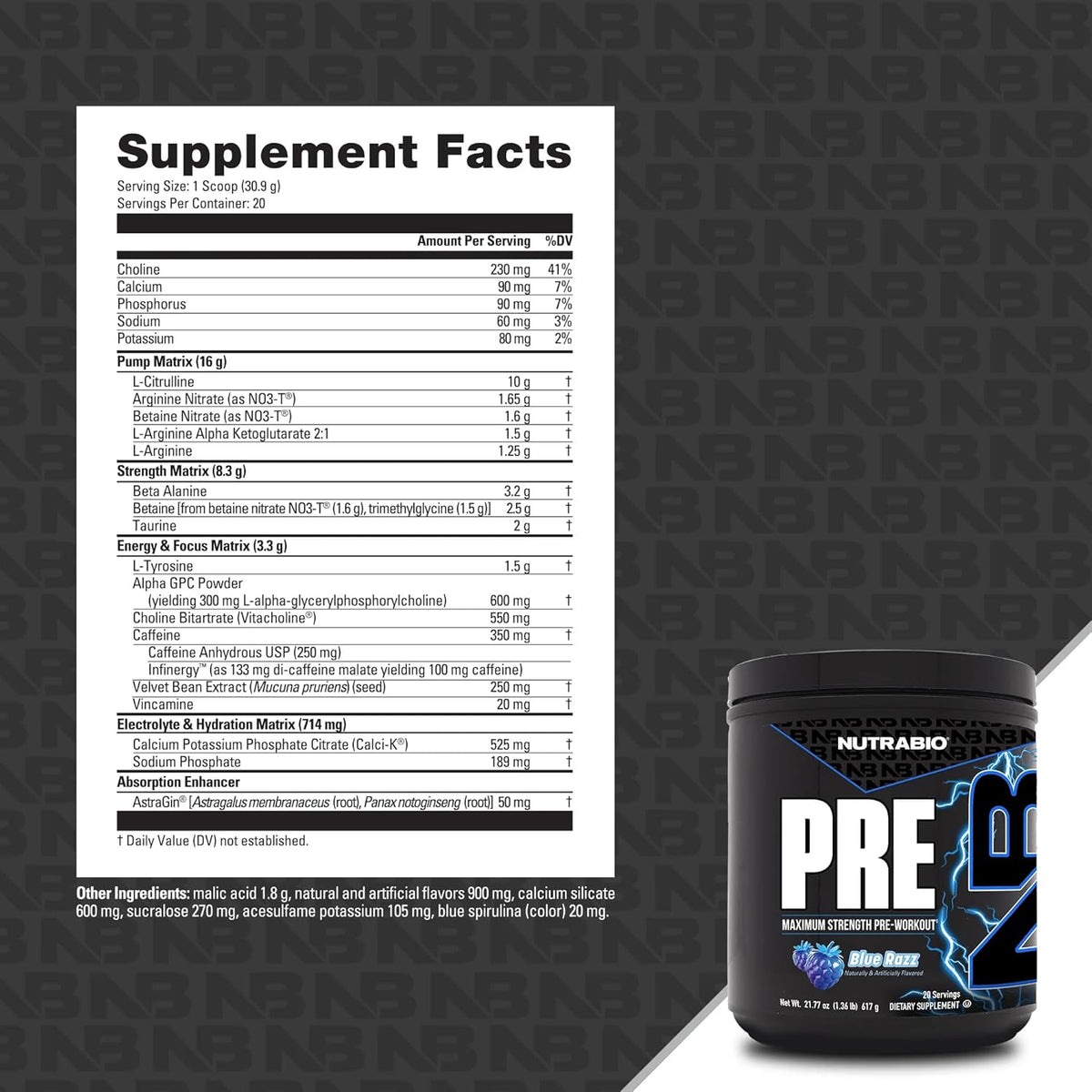 NutraBio PRE Workout Powder - New Formula- Sustained Energy, Mental Focus, Endurance - Beta Alanine, Caffeine, Electrolytes - 20 Servings - Blue Razz