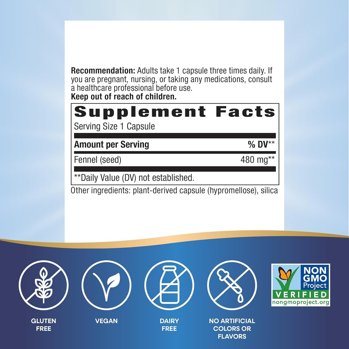 Nature's Way Fennel Seed, Traditional Digestive Support*, 480 mg per Serving, Gluten Free & Vegan, Non-GMO Project Verified, 100 Capsules