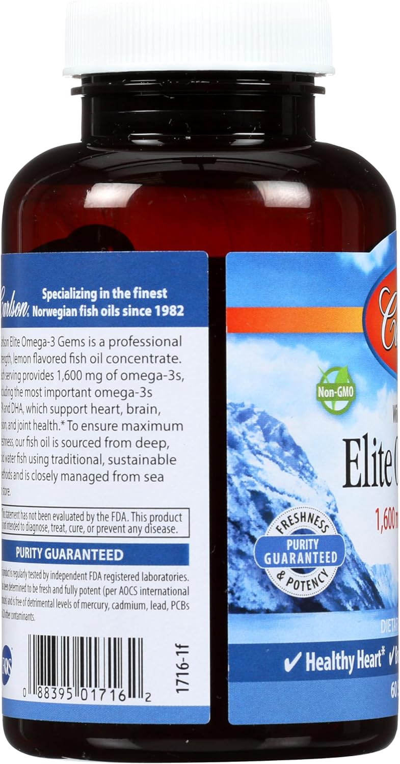 Carlson Labs Elite Omega-3 Gems Fish Oil 1250mg, 60 Softgels