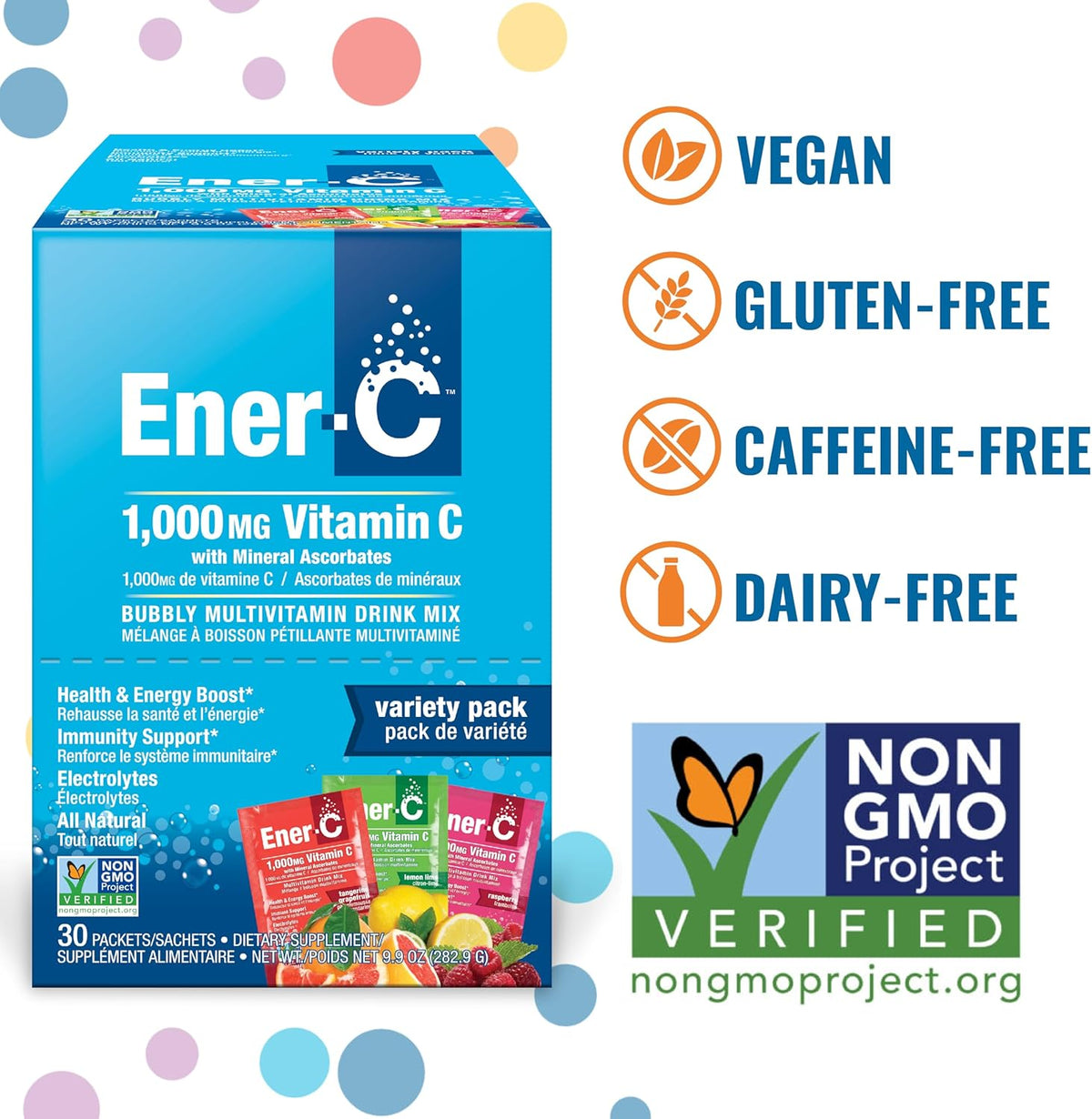 Ener-C Variety Pack Multivitamin Drink Mix Powder Vitamin C 1000mg &amp; Electrolytes with Real Fruit Juice Natural Energy &amp; Immune Support for Women &amp; Men - Non-GMO Vegan &amp; Gluten Free - 30 Count