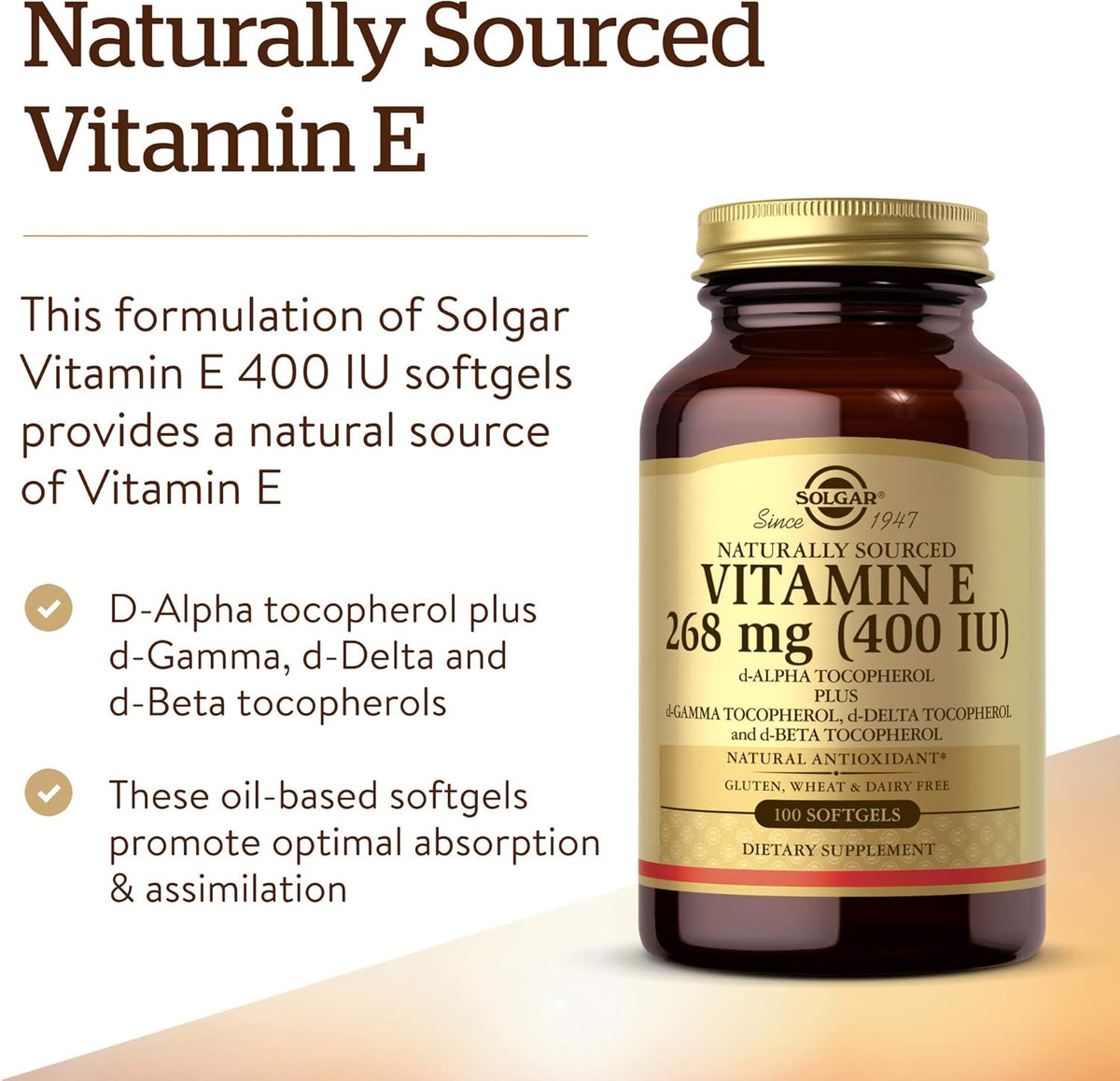 Solgar Vitamin E 268 MG (400 IU) (d-Alpha Tocopherol &amp; Mixed Tocopherols), 100 Softgels - Supports Immune System &amp; Skin Nutrition - Natural Antioxidant - Gluten Free, Dairy Free - 100 Servings