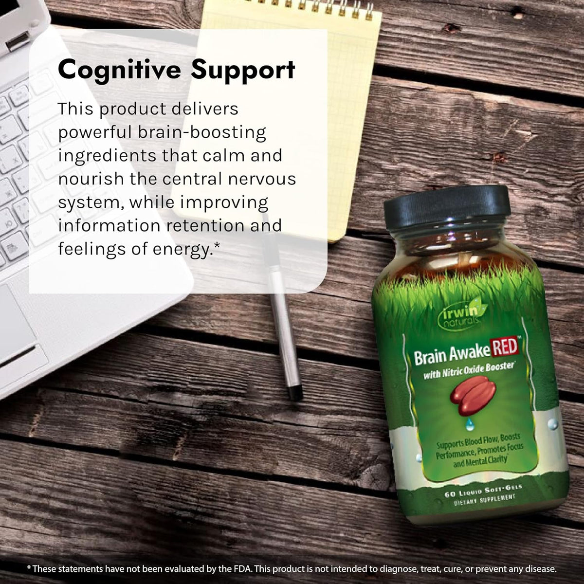 Irwin Naturals Brain Awake RED with Nitric Oxide Booster - 60 Liquid Soft-Gel - Support Brain Health & Optimize Performance - 20 Total Servings