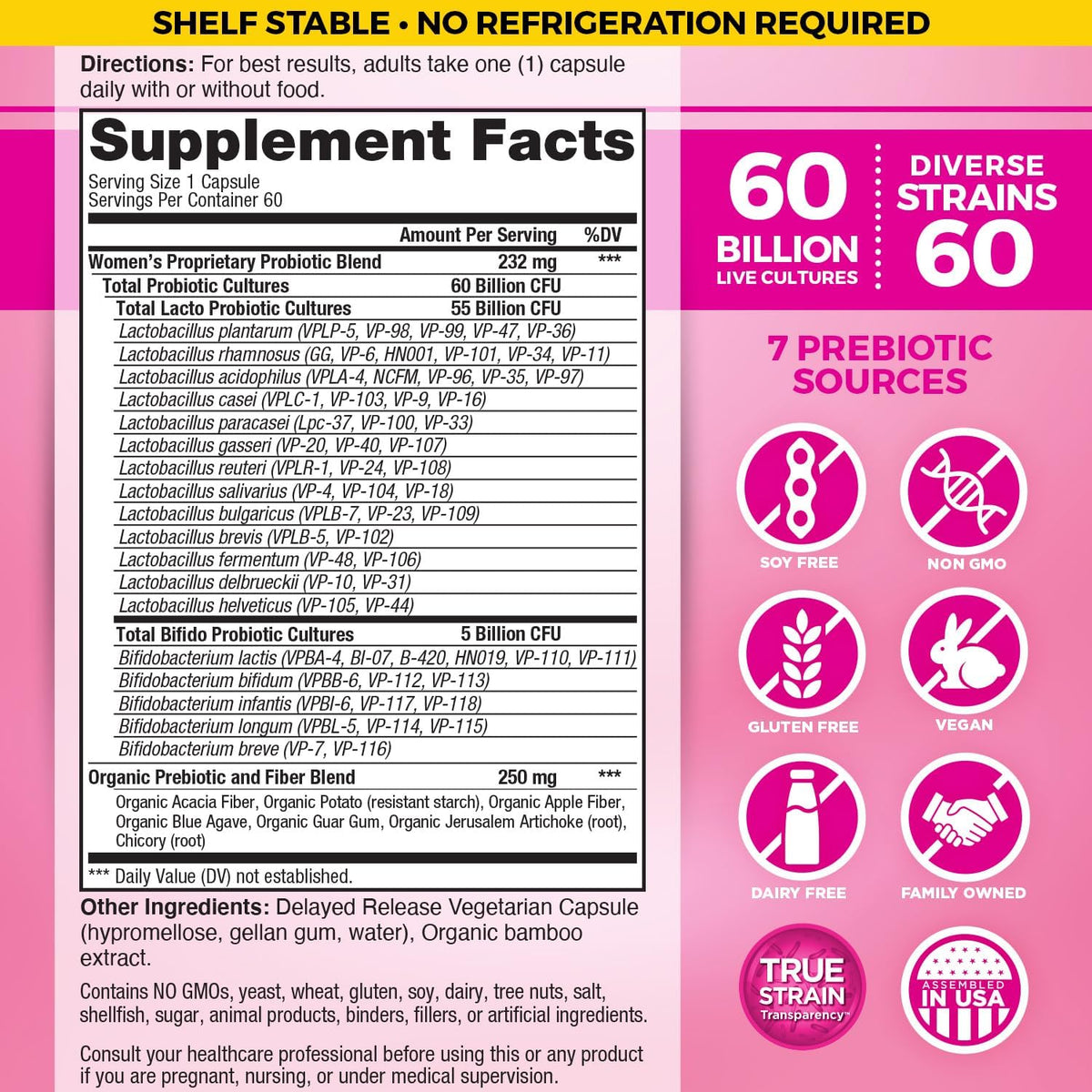 Vital Planet - Vital Flora Probiotics for Women 60 Billion CFU, Diverse Strains, Daily Shelf Stable Probiotic with Organic Prebiotics, for Vaginal Support, Immune and Digestive Health 60 Capsules