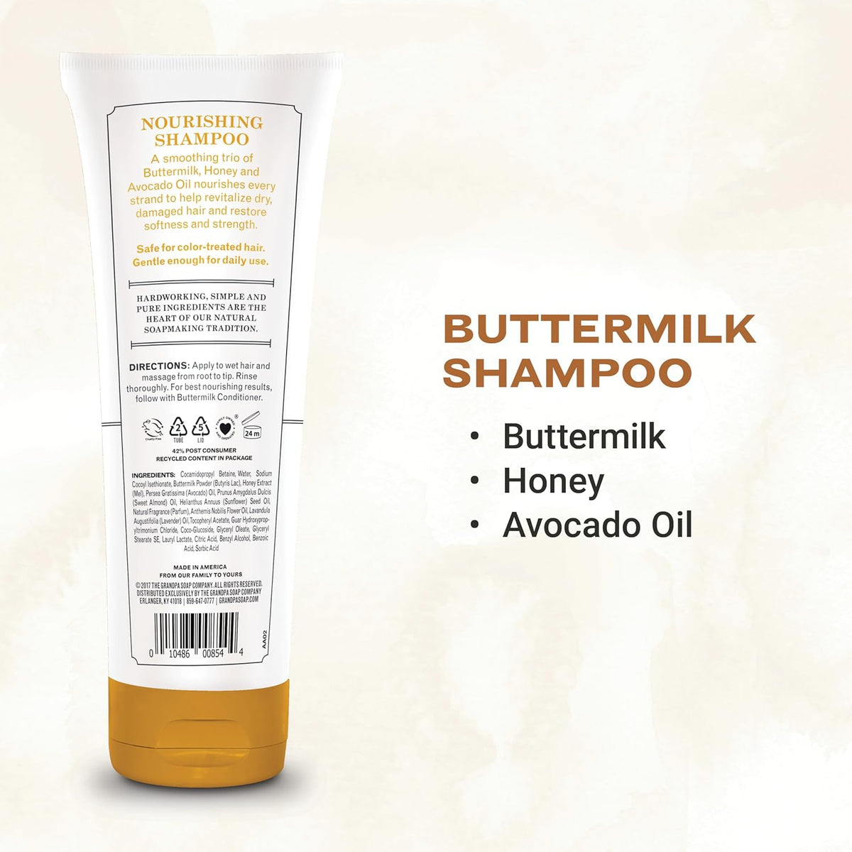 The Grandpa Soap Company Buttermilk Shampoo - Nourishing Formula to Help Revitalize Dry and Damaged Hair, With Honey &amp; Avocado Oil, Vegan, Sulfates and Parabens Free, 8 Fl Oz