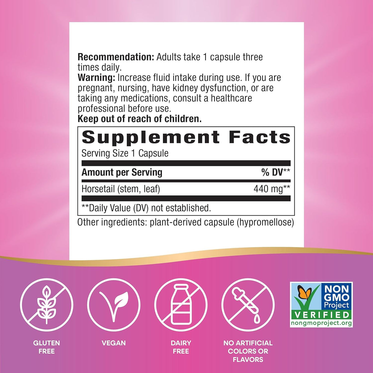 Nature&#39;s Way Horsetail Grass, Traditional Hair &amp; Nail Support*, 440 mg per Serving, Non-GMO Project Verified, Vegan, 100 Capsules