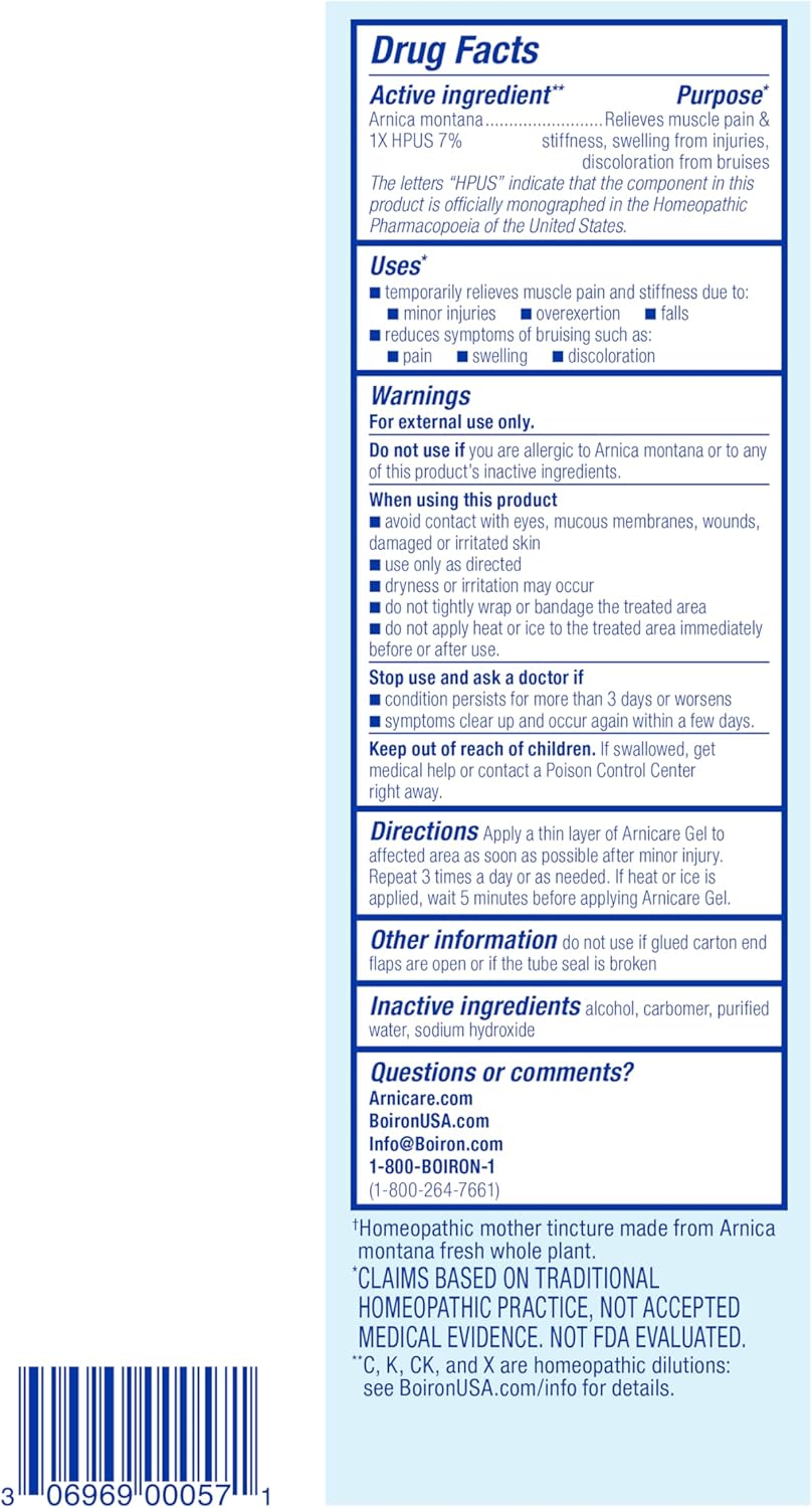 Boiron Arnicare Gel for Relief of Joint Pain, Muscle Pain, Muscle Soreness, and Swelling from Bruises or Injury - Non-greasy and Fragrance-Free - 4.2 oz