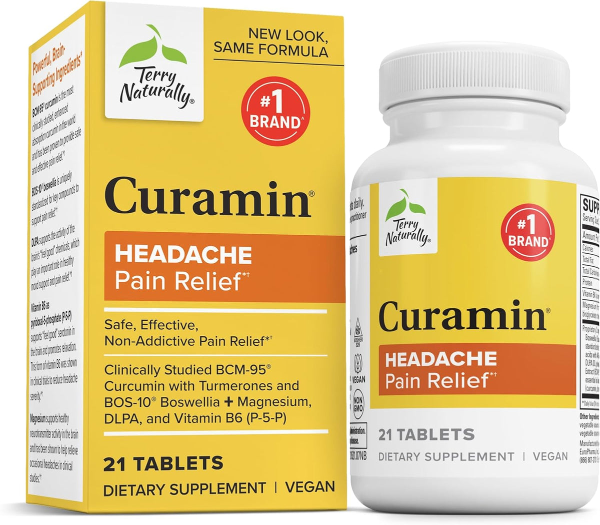Terry Naturally Curamin Headache - Dietary Supplement with DLPA & Boswellia - Enhanced Absorption Curcumin to Support Headache Relief - Gluten-Free & Non-GMO Relaxation Supplement - 21 Tablets