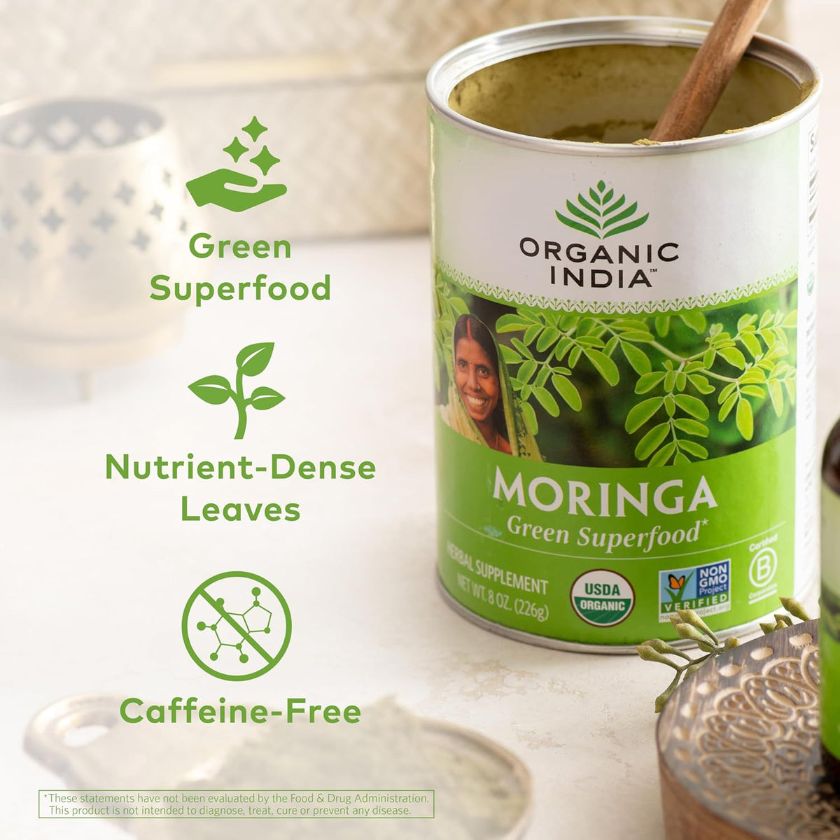 ORGANIC INDIA Moringa Powder - Moringa Oleifera Leaf Herbal Supplement, Green Superfood, Nutrient Dense, Pure Plant Protein, Vitamin A, E, K, Iron, Calcium, Fiber, Vegan, USDA Certified Organic - 8 oz