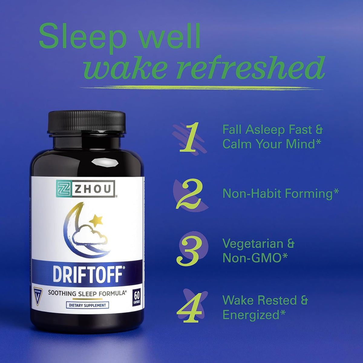 Zhou Driftoff - Nature Inspired Sleep Aid, Valerian Root &amp; Melatonin for Sleep for Men &amp; Women, Calm Sleeping Supplement for Adults with Gaba &amp; Chamomile to Relax - 60 Veggie Capsules