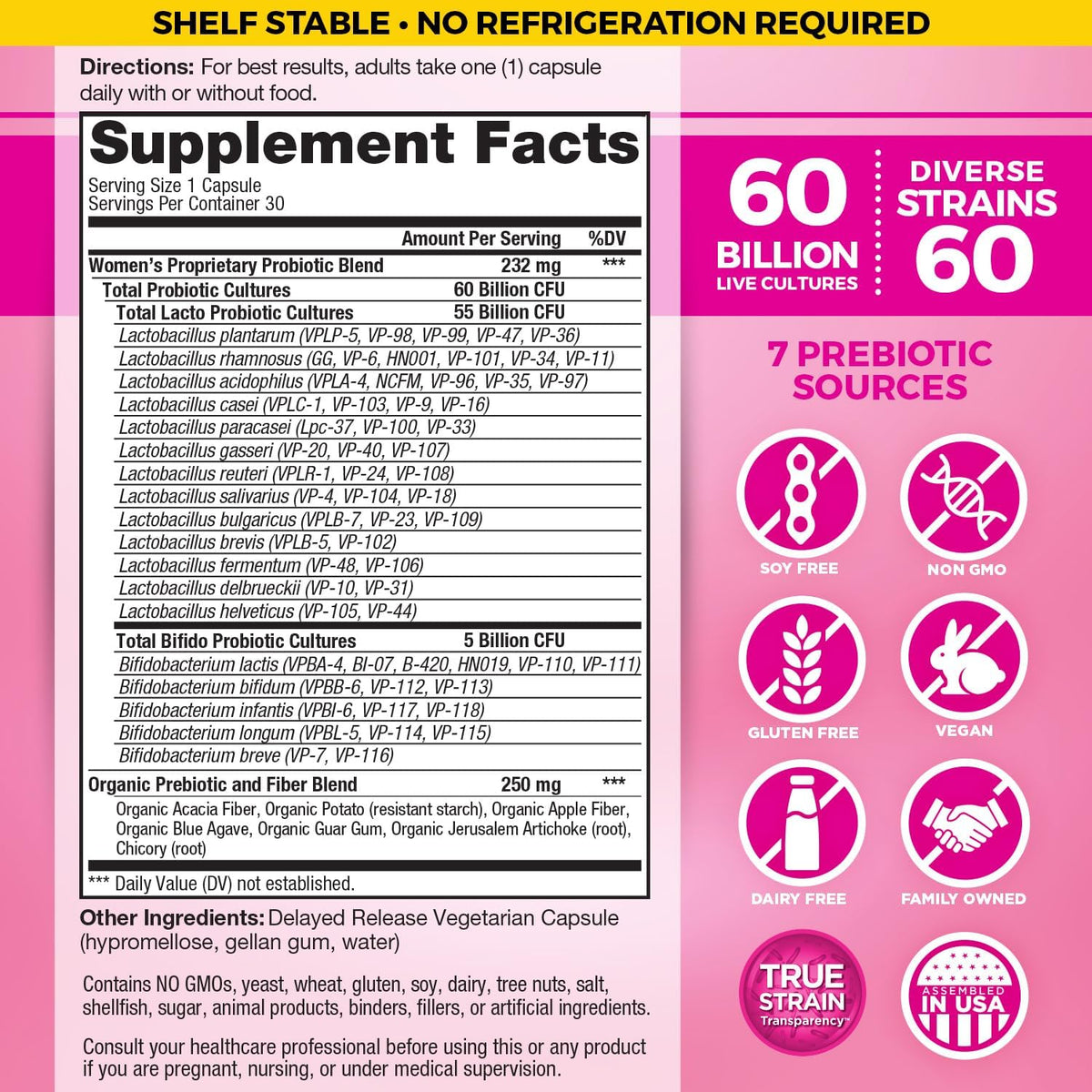 Vital Planet - Vital Flora Probiotics for Women 60 Billion CFU, Diverse Strains, Daily Shelf Stable Probiotic with Organic Prebiotics, for Vaginal Support, Immune and Digestive Health 30 Capsules