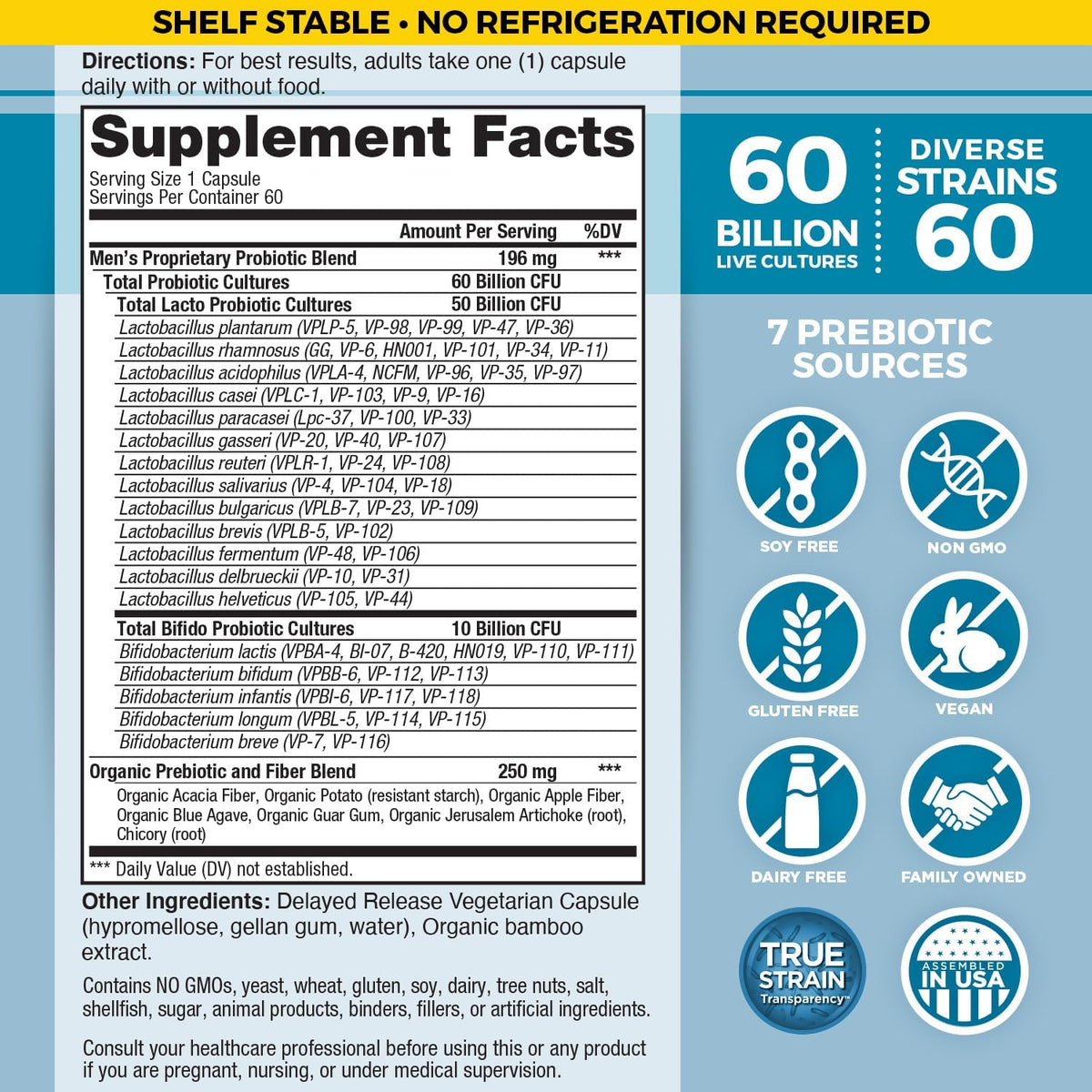 Vital Planet - Vital Flora Probiotics for Men, 60 Billion CFU, 60 Diverse Strains, 7 Organic Prebiotics, Men’s Daily Shelf Stable Probiotic for Immune Support, Gas Relief, Digestive Health 60 Capsules