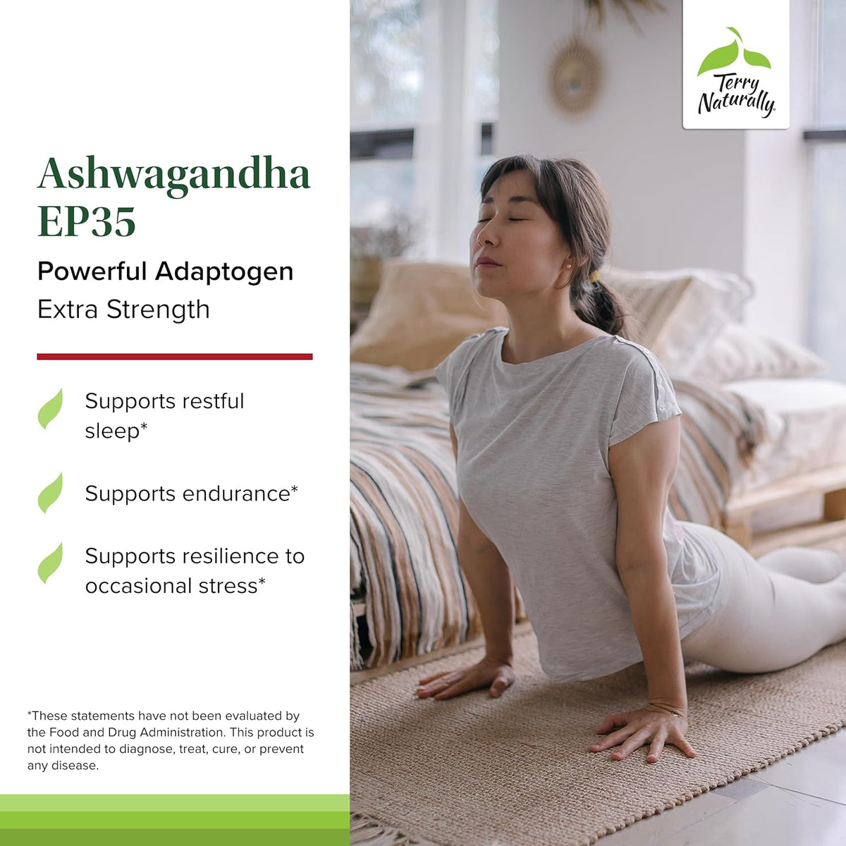 Terry Naturally Ashwagandha EP35 Extra Strength - Herbal Supplement for Sleep Support - Aid Healthy Stress Response - Endurance &amp; Energy Support - 60 Capsules (60 Servings)