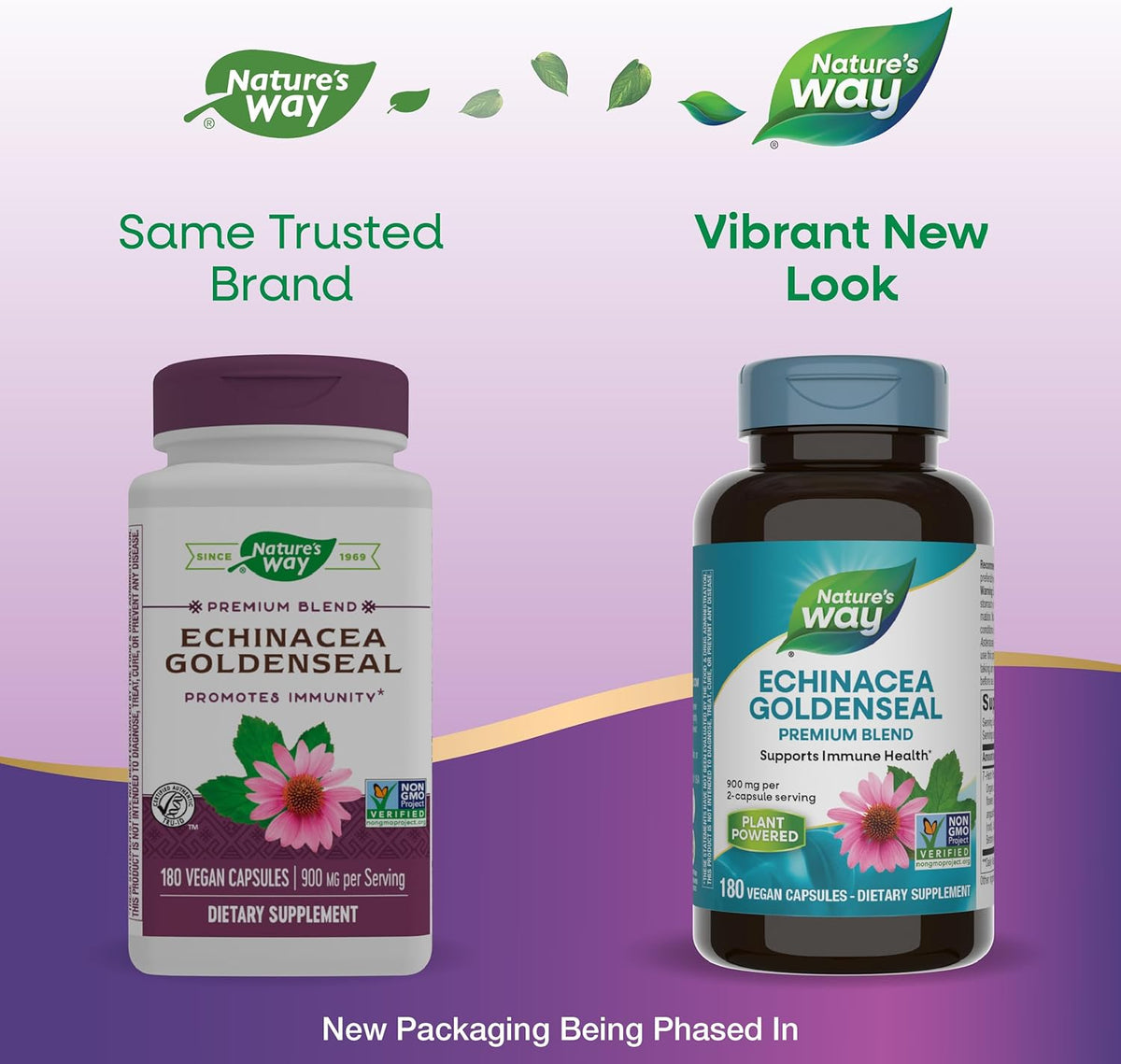 Nature&#39;s Way Echinacea Goldenseal, Premium Blend, Supports Immune Health*, 900 mg per 2-Capsule Serving, Non-GMO Project Verified, Vegan, 180 Capsules