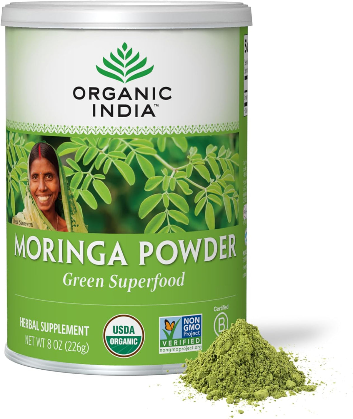ORGANIC INDIA Moringa Powder - Moringa Oleifera Leaf Herbal Supplement, Green Superfood, Nutrient Dense, Pure Plant Protein, Vitamin A, E, K, Iron, Calcium, Fiber, Vegan, USDA Certified Organic - 8 oz