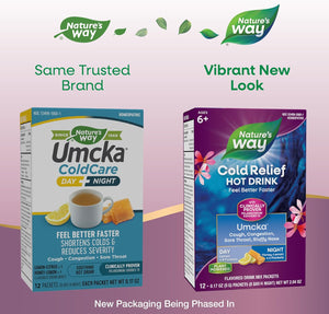Nature's Way Cold Relief Hot Drink, Umcka, Homeopathic, Clinically Proven Pelargonium Sidoides 1X, for Cough, Congestion, Sore Throat, Stuffy Nose, Day & Night Formula, 12 Packets