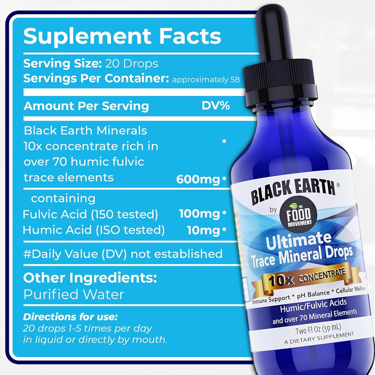 The Food Movement Co. Black Earth Ultimate Trace Minerals 10x Strength, Fulvic Acid &amp; Humic Acid, Non GMO Vegan Dropper, 1 Ounce - Ideal Supplement for Athletes