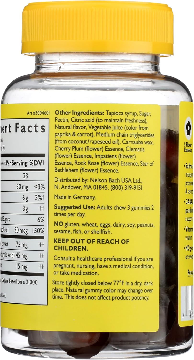 RESCUE Bach Plus Mood &amp; Stress Support Gummies, Daytime Dietary Supplement with Passionflower, GABA, Saffron &amp; Vitamin D, Natural Orange Flavor, Vegan &amp; Gluten-Free, 60 Count