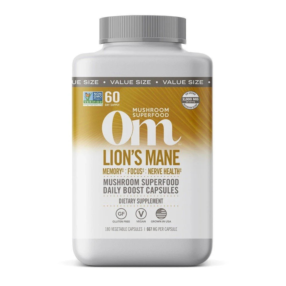 OM MUSHROOM SUPERFOOD Lion&#39;s Mane Mushroom Capsules Superfood Supplement, 180 Count, 60 Days, Fruit Body and Mycelium Nootropic for Memory Support, Focus, Clarity, Nerve Health, Creativity and Mood