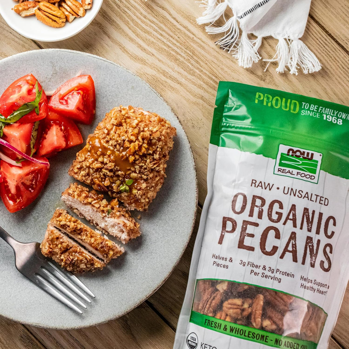 NOW Real Food, Raw, Unsalted, Organic Pecans, no added oils, 10 oz