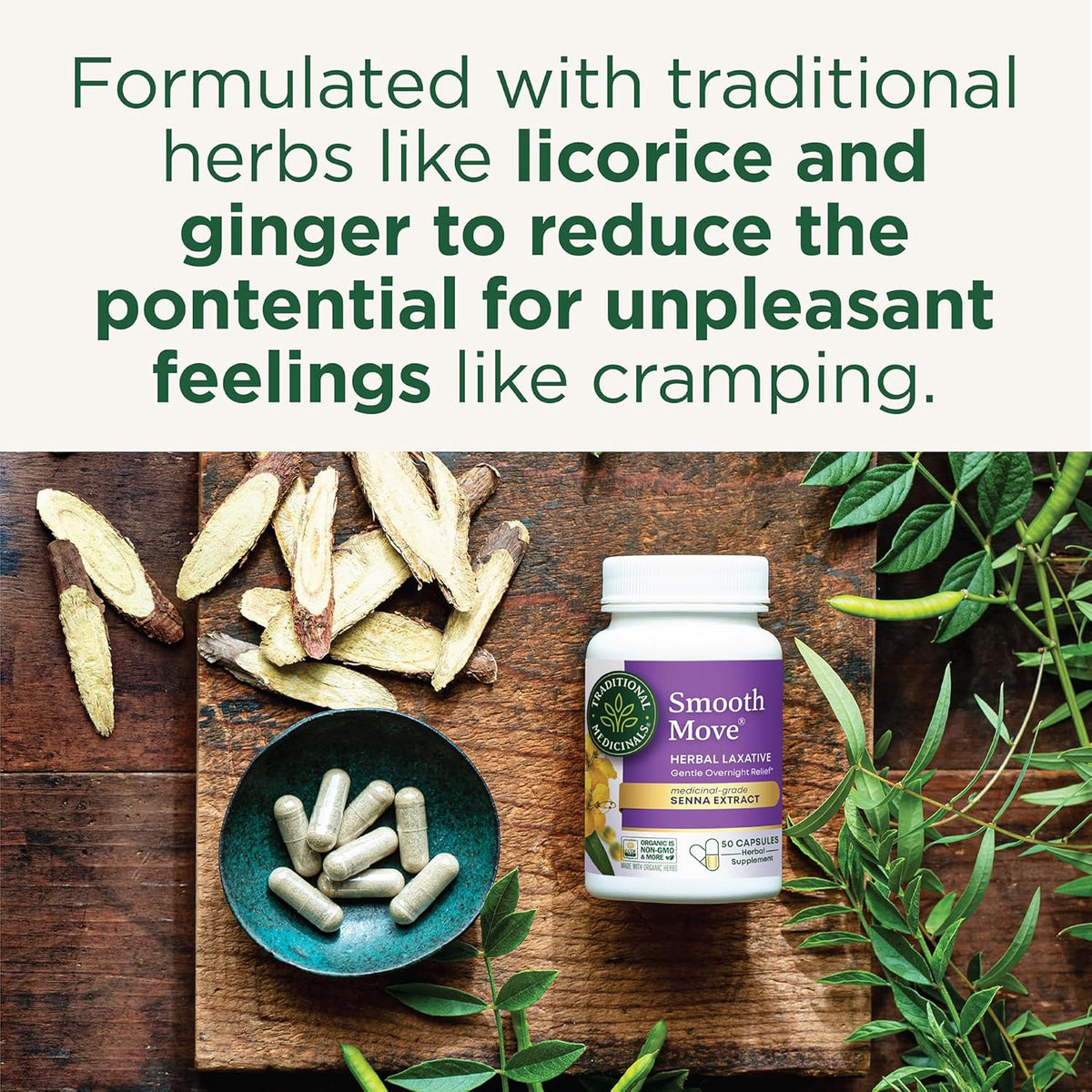 Traditional Medicinals - Smooth Move Laxative Capsules - Contains Organic Senna - Natural Herbal Constipation Relief - 50 Capsules