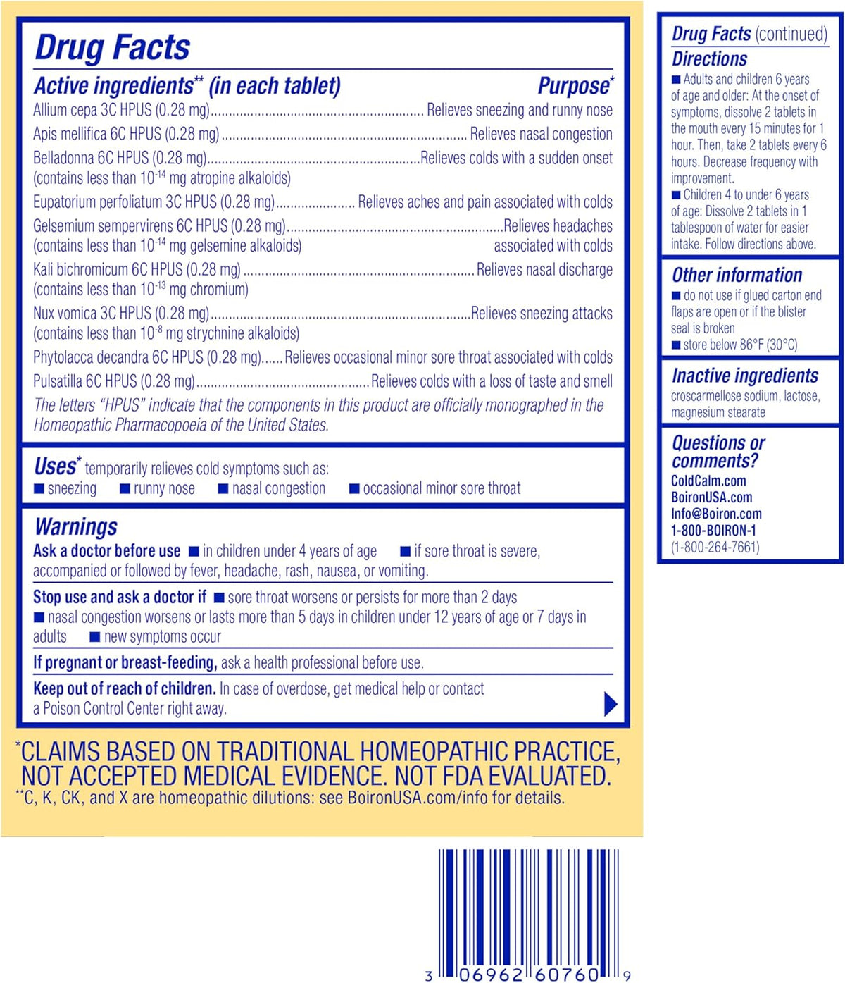Boiron ColdCalm Tablets for Relief of Common Cold Symptoms Such as Sneezing, Runny Nose, Sore Throat, and Nasal Congestion - Non-Drowsy - 60 Count