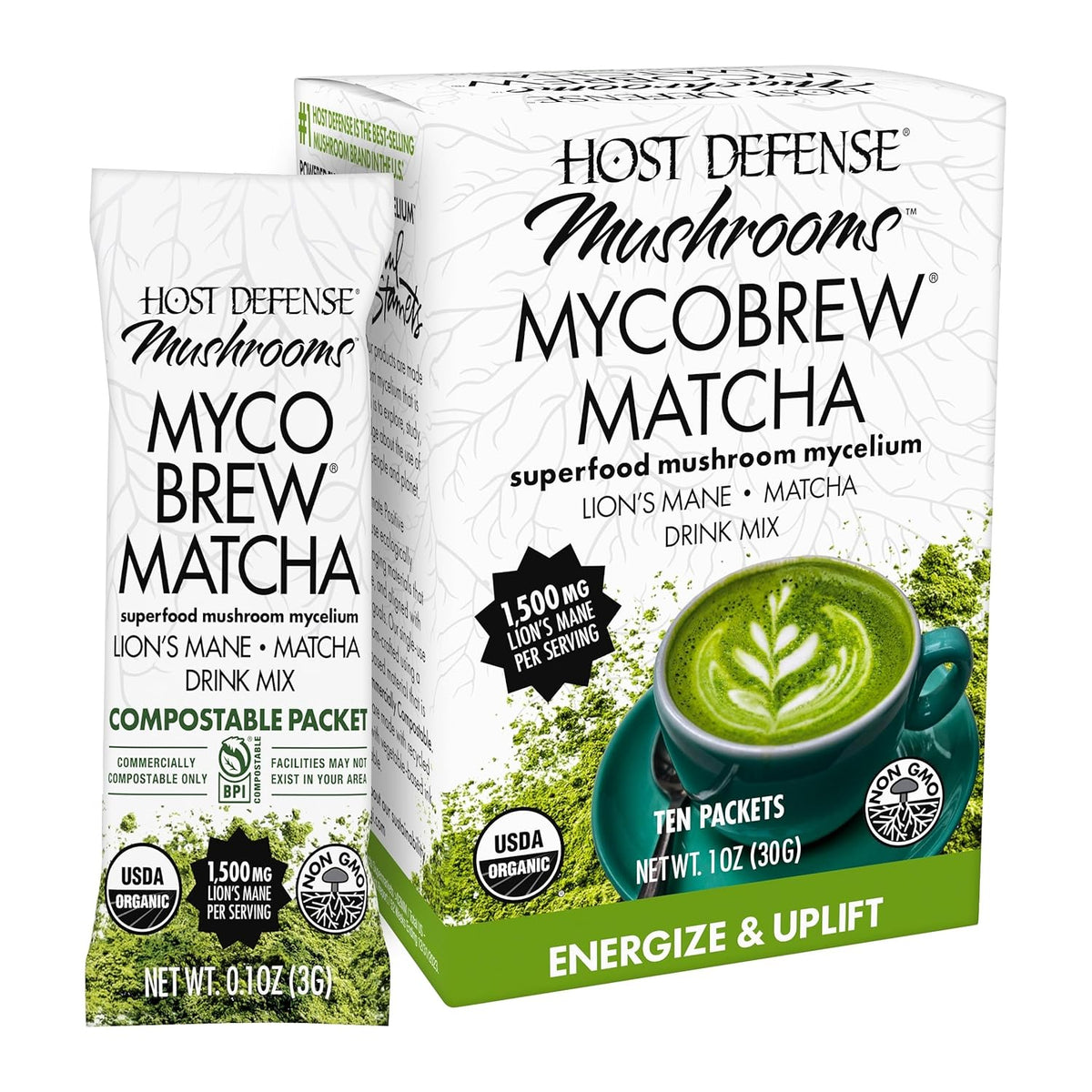 Host Defense MycoBrew Matcha - Matcha Drink Mix - Matcha Green Tea Powder that Includes Lion&#39;s Mushroom - Drink Mix with Organic Matcha Tea - 10 Packets (10 Servings)