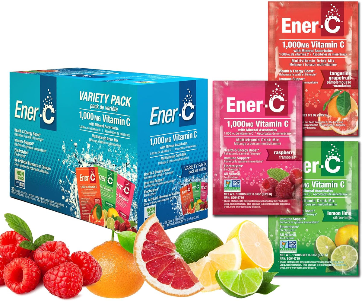 Ener-C Variety Pack Multivitamin Drink Mix Powder Vitamin C 1000mg &amp; Electrolytes with Real Fruit Juice Natural Energy &amp; Immune Support for Women &amp; Men - Non-GMO Vegan &amp; Gluten Free - 30 Count