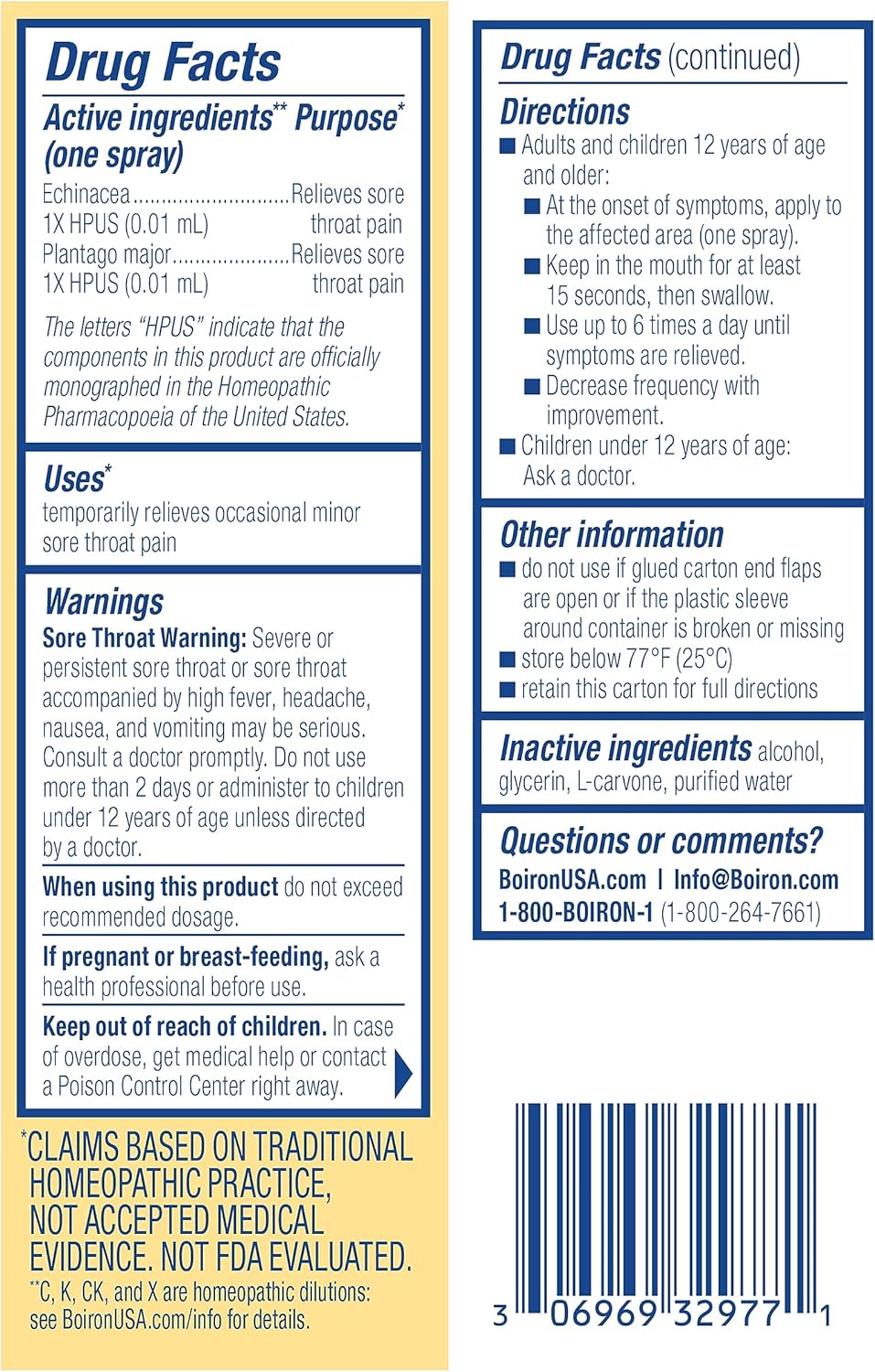 Boiron ThroatCalm Spray for Soothing Sore Throat Relief - Plant-Powered with Echinacea – Natural, Mint-Like Herbal Flavor - Non-Numbing &amp; Benzocaine-Free - .68 Fl Oz