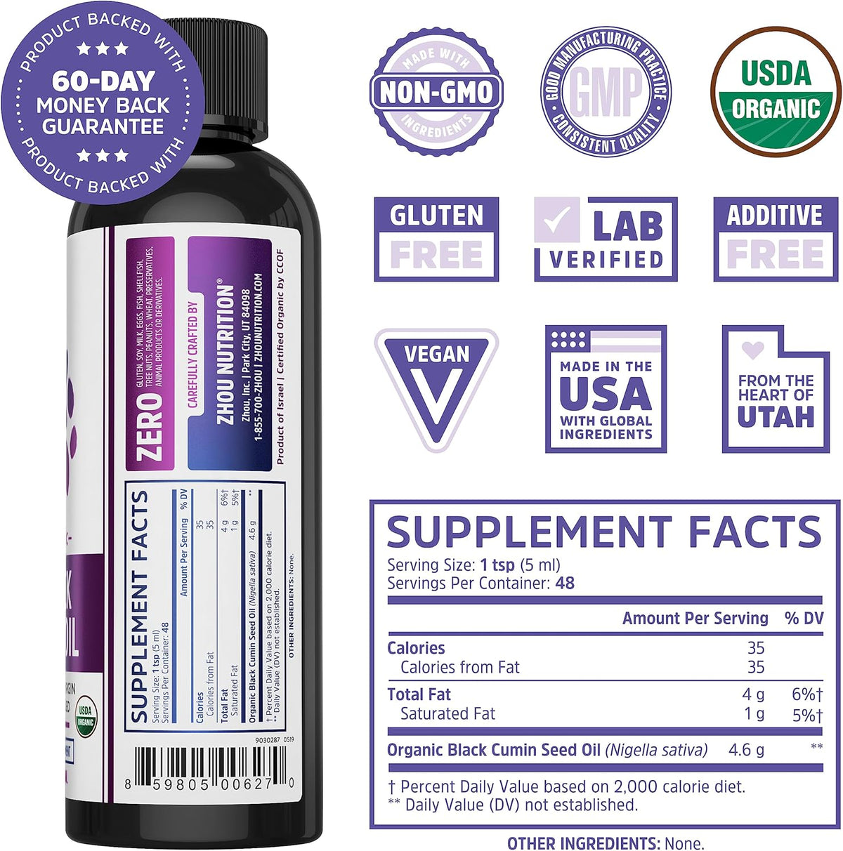 Zhou Organic Black Seed Oil - Black Cumin Seed Oil Cold Pressed, Nigella Sativa, Pure Unrefined Blackseed Liquid, Premium Supplement for Health with Thymoquinone, Omega 3 6 9 - 8 Fl Oz