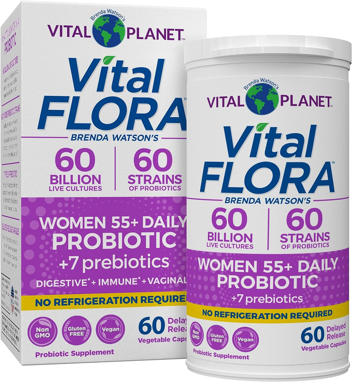Vital Planet - Vital Flora Probiotics for Women Over 55 Daily Shelf Stable Probiotic 60 Billion CFU, 60 Diverse Strains, 7 Organic Prebiotics, Immune Support and Digestive Health 60 Capsules