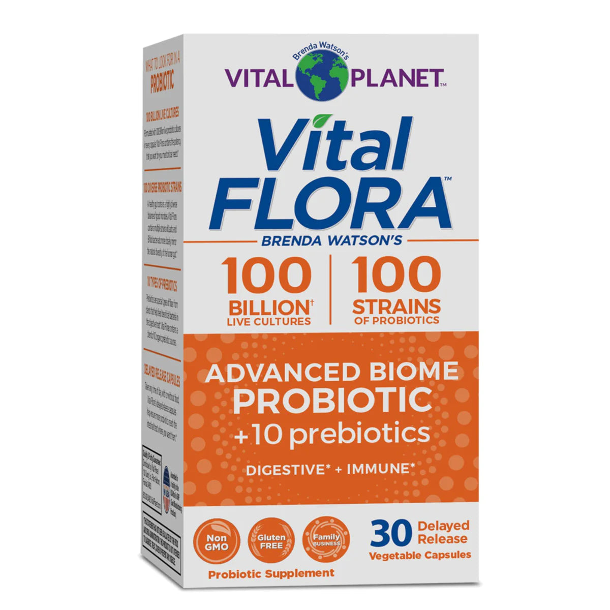 Vital Planet - Vital Flora Advanced Probiotic 100 Billion CFU, 100 Diverse Strains, 10 Organic Prebiotics, Immune Support, Digestive Health Shelf Stable Probiotics for Women and Men 30 Capsules