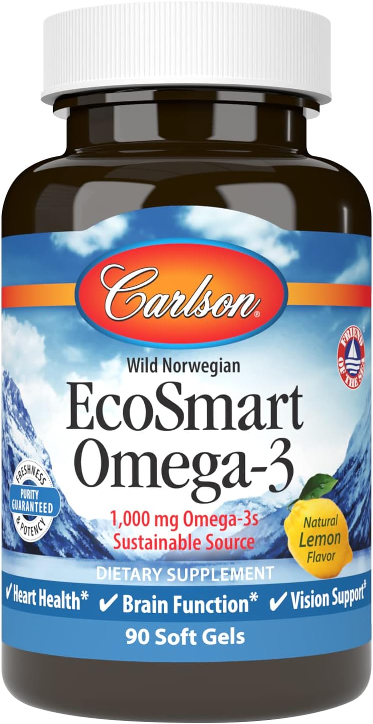 Carlson - EcoSmart Omega-3, Sustainable Source, Promotes Heart, Brain, Vision &amp; Joint Health, Lemon, 90 soft gels