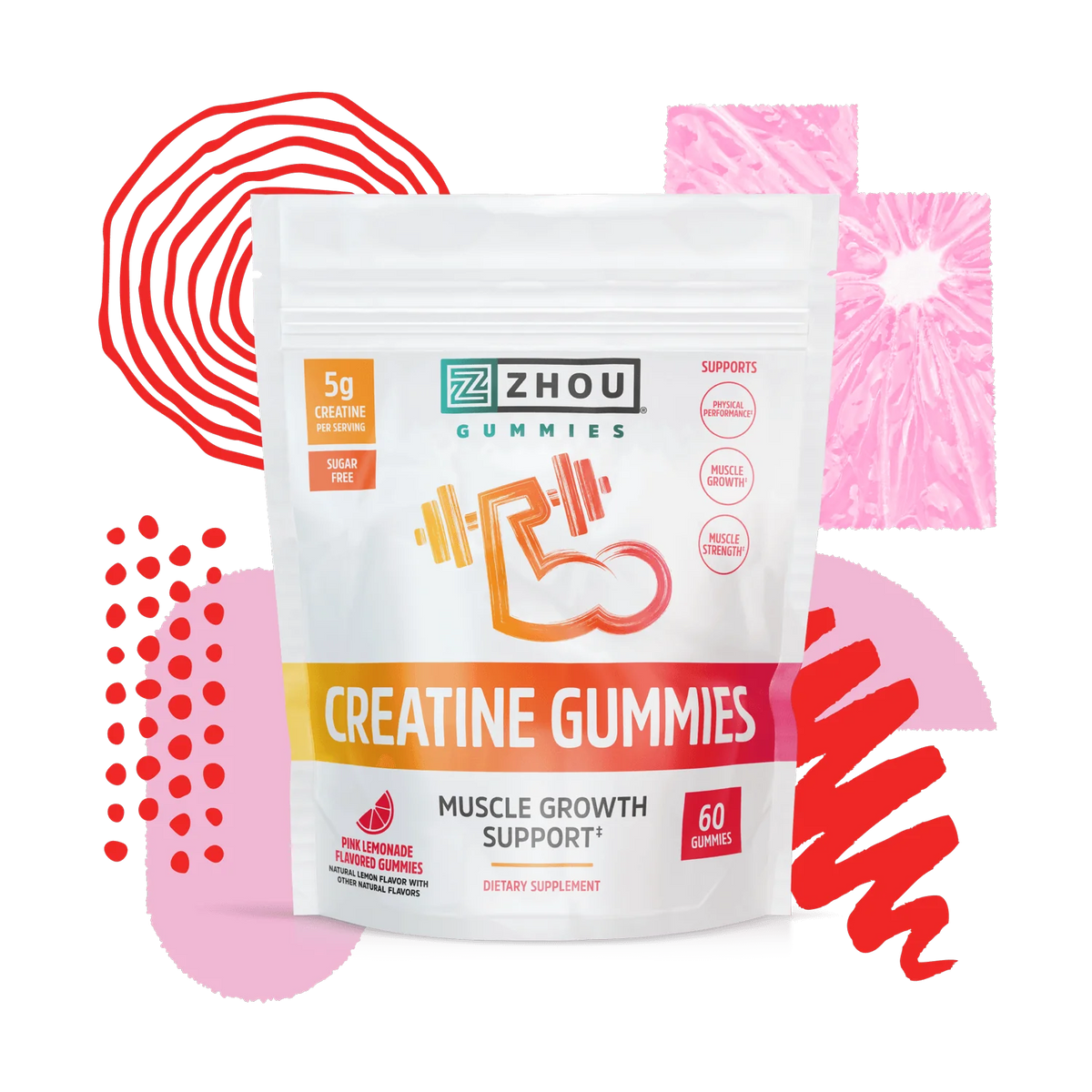 Zhou Nutrition Creatine Monohydrate Chewables 5g for Men &amp; Women, Sugar Free, Organic, Non GMO, Pink Lemonade, 60 Creatine Gummies