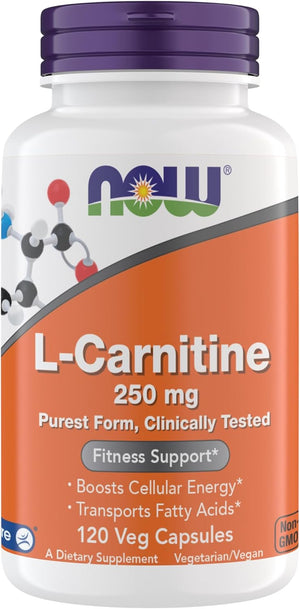 Now Supplements, L-Carnitine 250 mg, Purest Form*, Amino Acid*, Fitness Support*, Metabolic Support, Gluten Free, Vegan, Kosher, Non-GMO, 120 Vegetarian Capsules