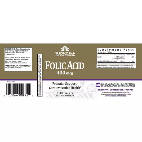 Windmill Folic Acid 400 Mcg Tablets - 180 Ea